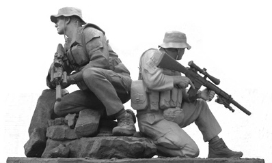 Memorial sculpture of two Navy SEALs